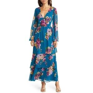Fourteenth Place New Long Sleeve Floral Maxi Tiered Dress Turquoise Size XS